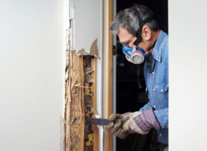 A man in a blue shirt and mask working on the door of a house.